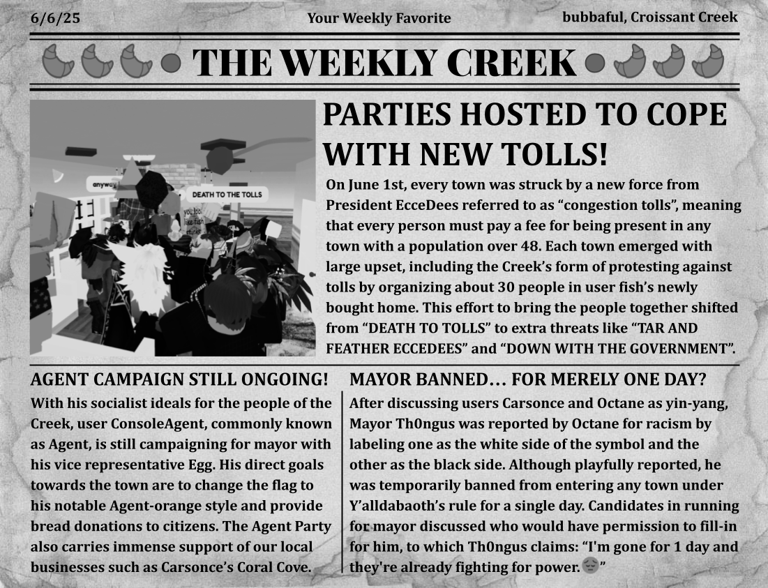 The Weekly Creek, 2nd Issue: Parties Hosted to Cope With New Tolls!